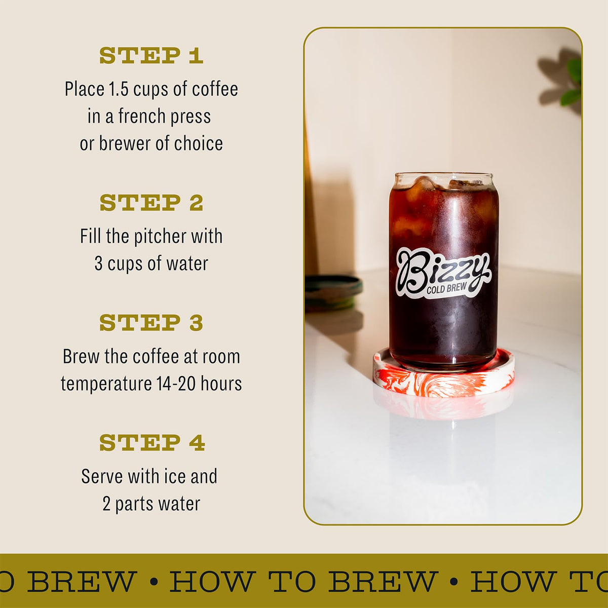 Bizzy cold brew in glass jar ready to serve.