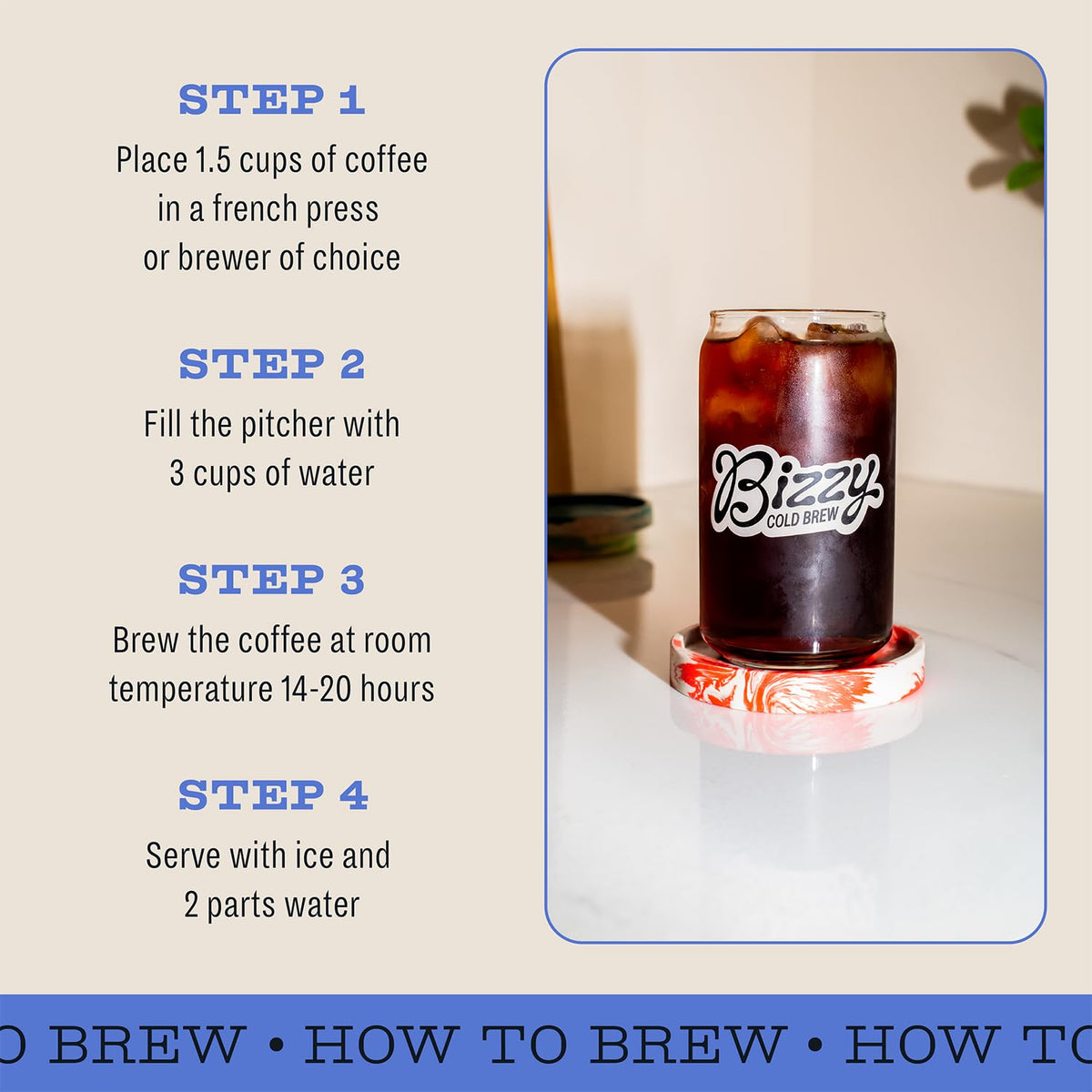 Bizzy dark roast cup highlighting molasses and cocoa notes.