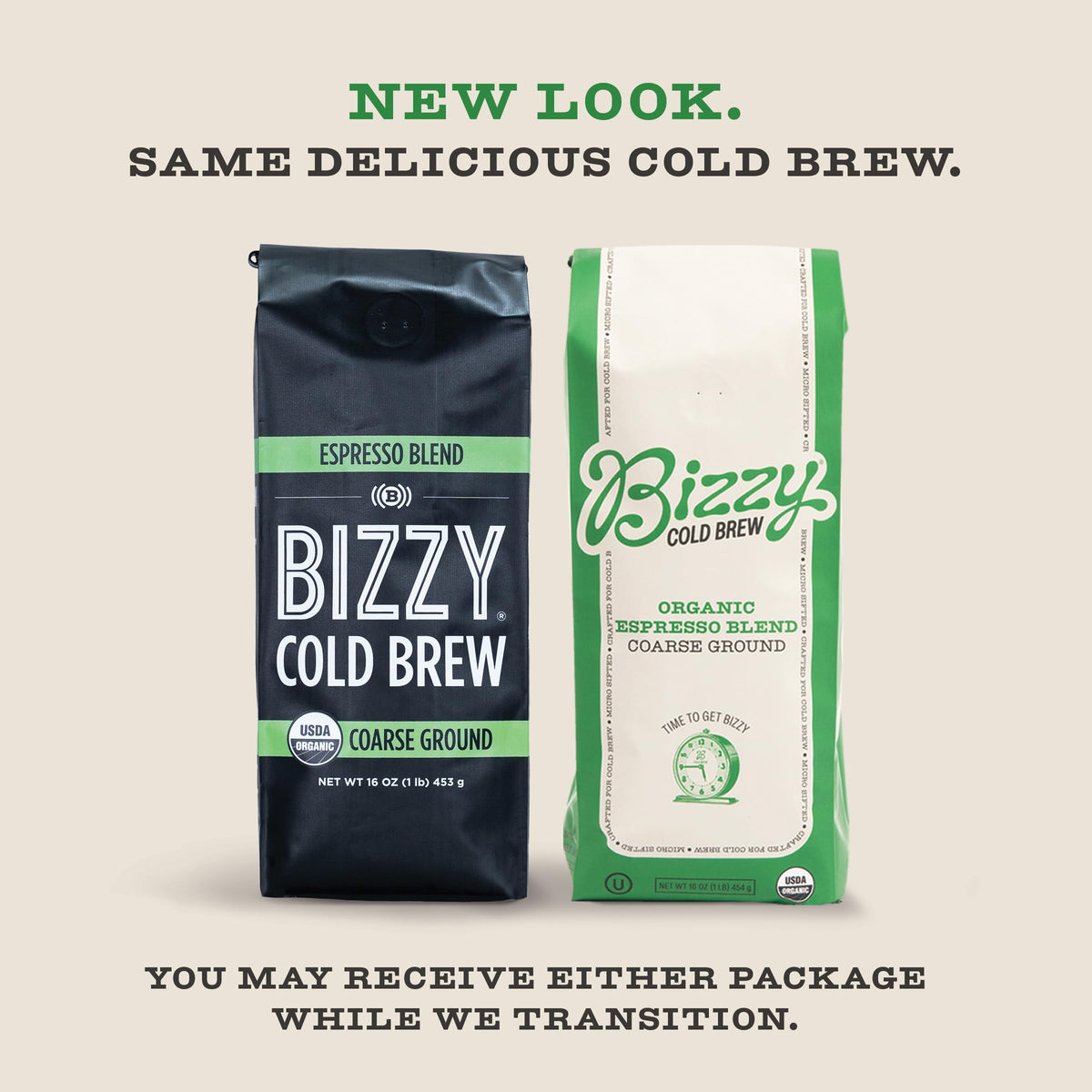 Bizzy Espresso Blend coarse-ground bag for bold flavor extraction.