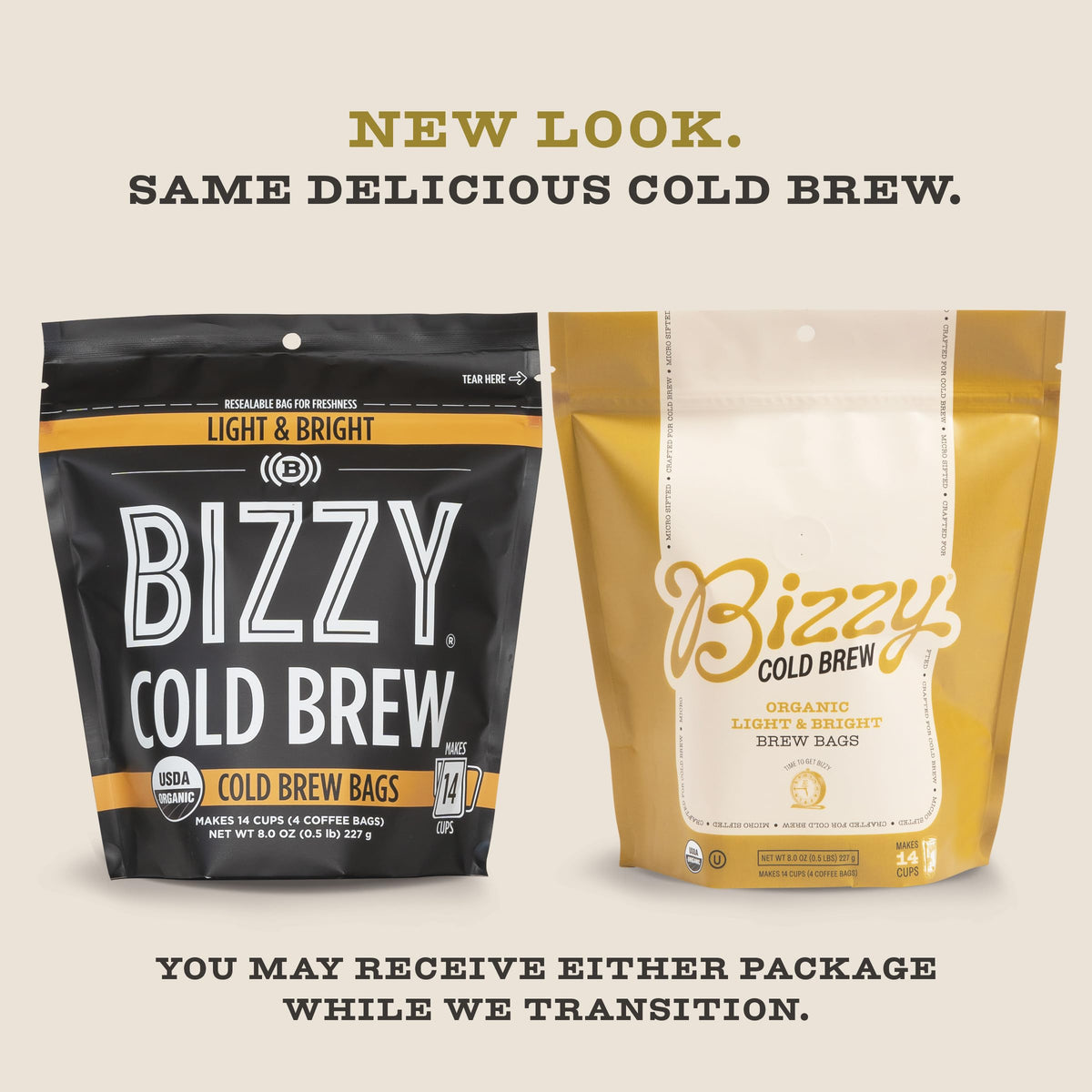 Bizzy Light Roast with bright citrus notes in a brew bag.