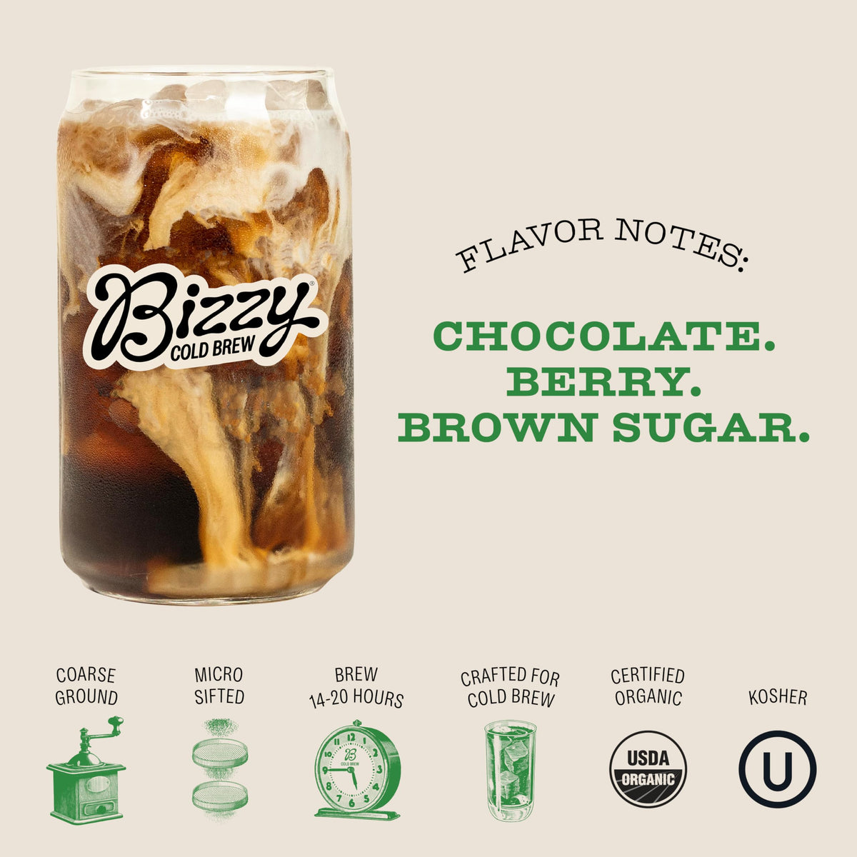 Bizzy Organic Arabica with USDA Organic and Kosher certification.