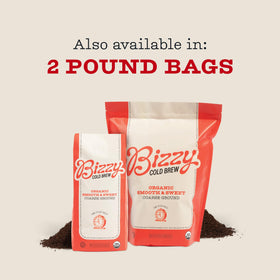 Bizzy Organic Cold Brew 100% Arabica beans showcased.