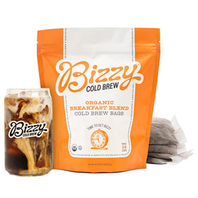Bizzy Organic Cold Brew Bags show convenient coarse-ground coffee for easy cold brew.