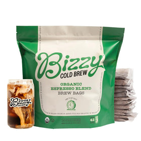 Bizzy Organic Cold Brew brew bags in packaging showing convenient, mess-free preparation.