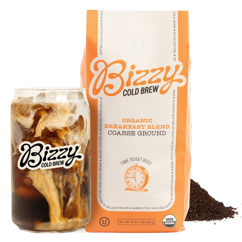 Bizzy Organic Cold Brew coarse-ground bag shows premium beans for smooth cold brew.