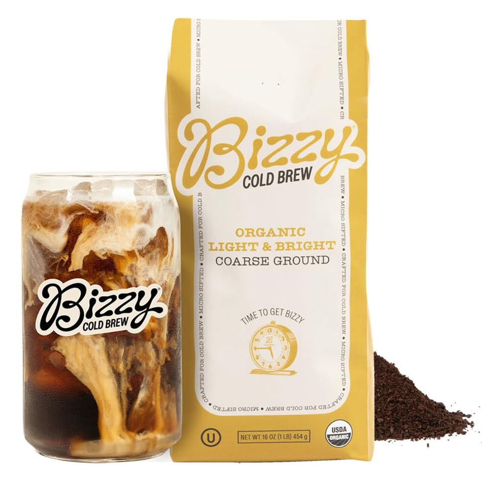 Bizzy Organic Cold Brew Coffee bag with coarse grind for smooth cold brew.