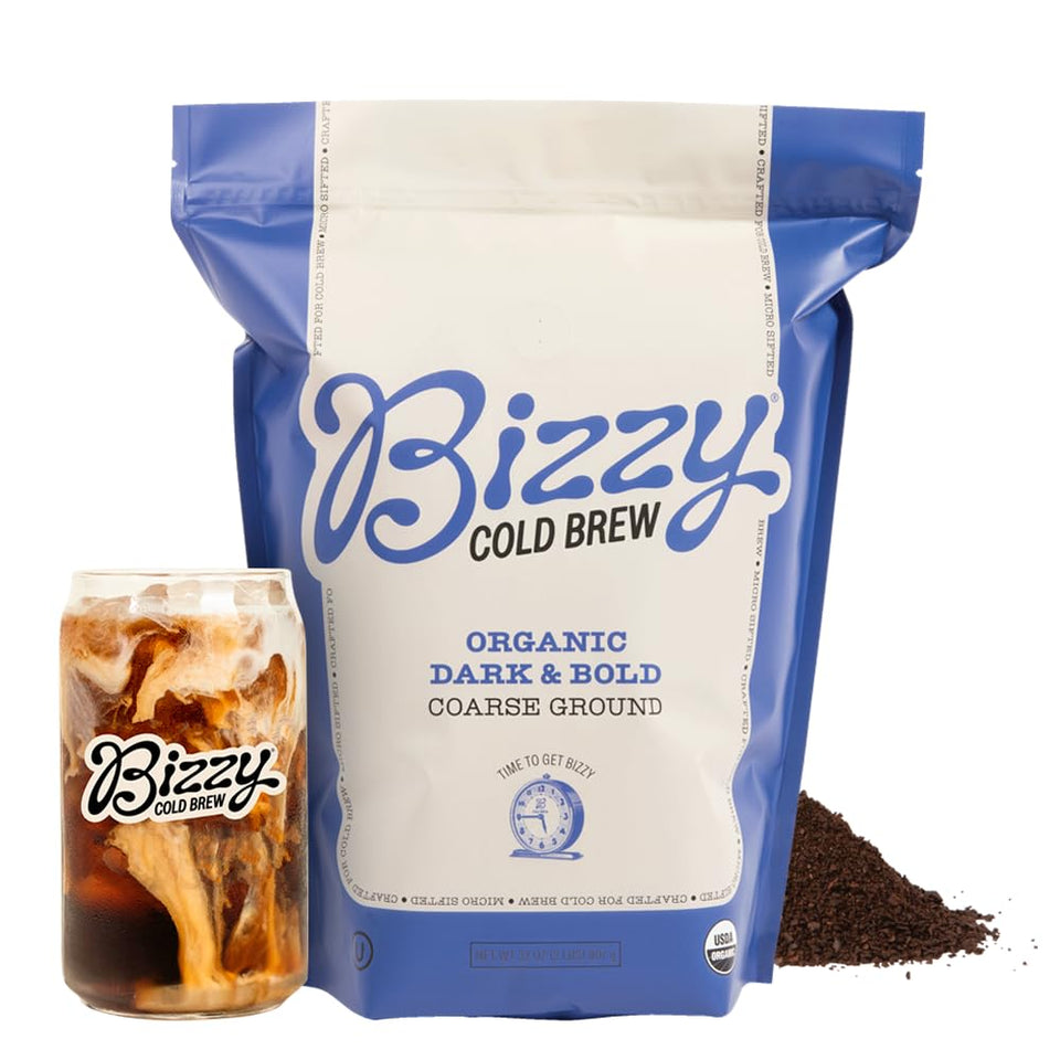 Bizzy Organic Cold Brew bag with coarse ground coffee for smooth cold brew.