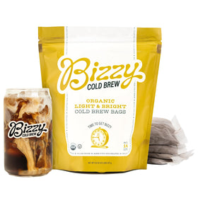 Bizzy Organic Cold Brew coarse-ground brew bags ready for steeping.