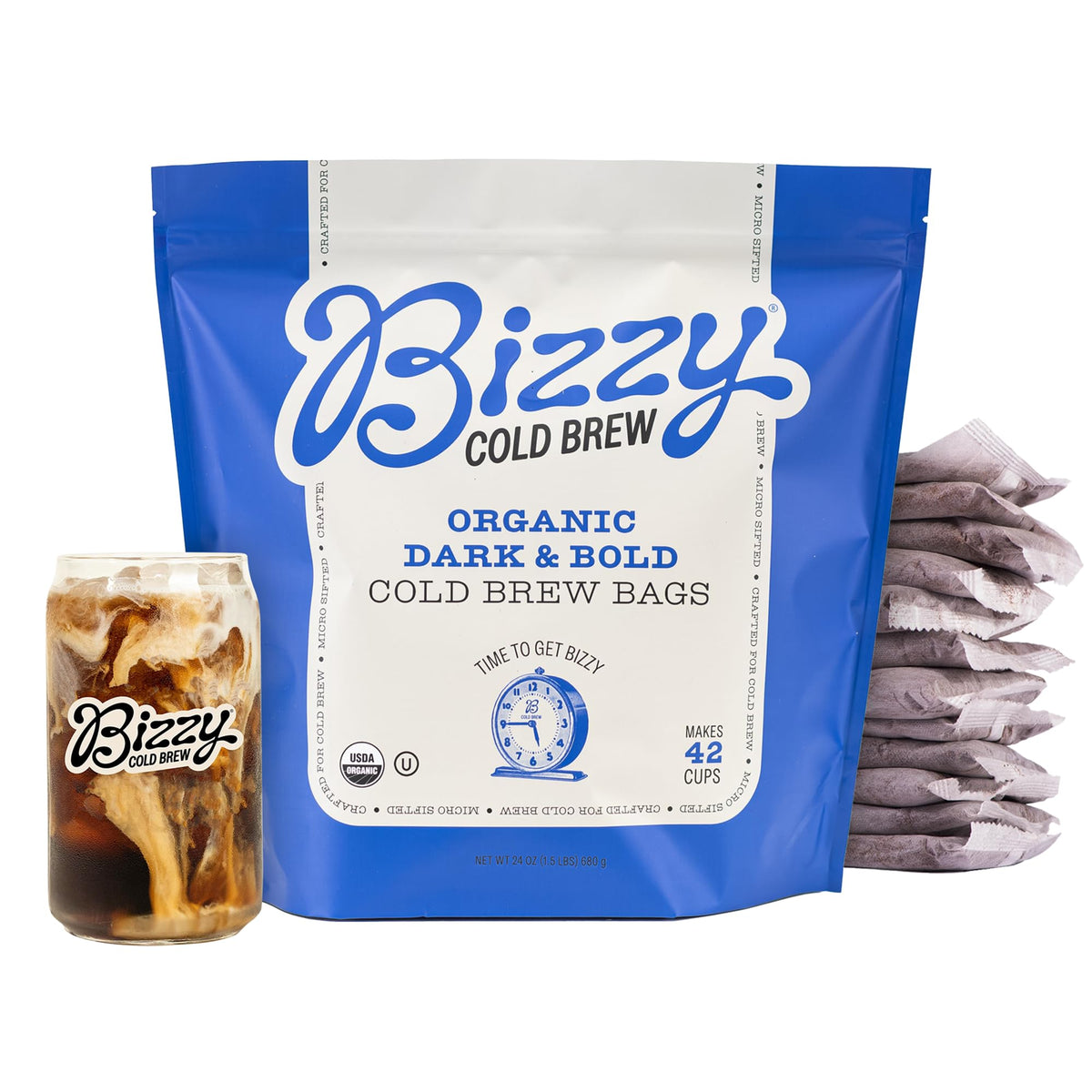 Bizzy Organic Cold Brew Coffee in coarse-ground brew bags for easy, mess-free cold brew.