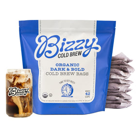 Bizzy Organic Cold Brew Coffee in coarse-ground brew bags for easy, mess-free cold brew.