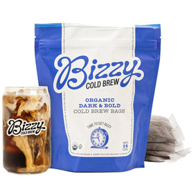 Bizzy Organic Cold Brew with coarse-ground brew bags for easy, smooth coffee at home.