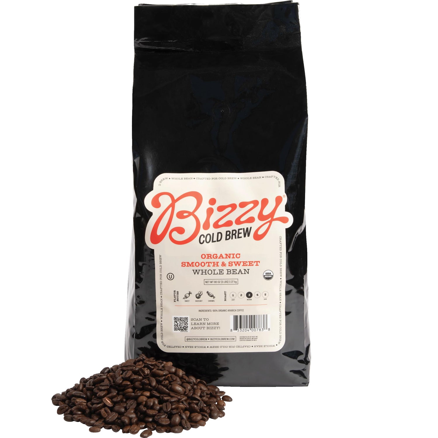 Bizzy Organic Cold Brew Coffee bag displaying premium whole beans for smooth brewing
