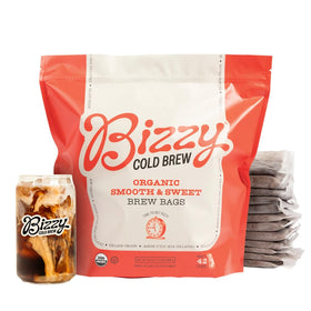 Bizzy Organic Cold Brew medium roast delivers caramel and hazelnut notes for daily delight.
