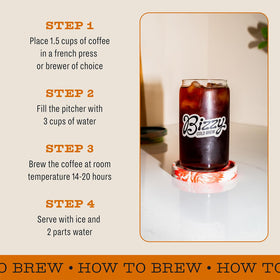 Bizzy Organic light to medium roast reveals fruity, cocoa, and toffee notes.