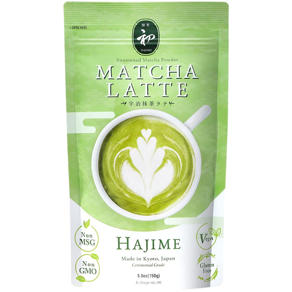 BJDesign Hajime matcha latte powder canister on shelf, premium ingredients ready for daily drinks.