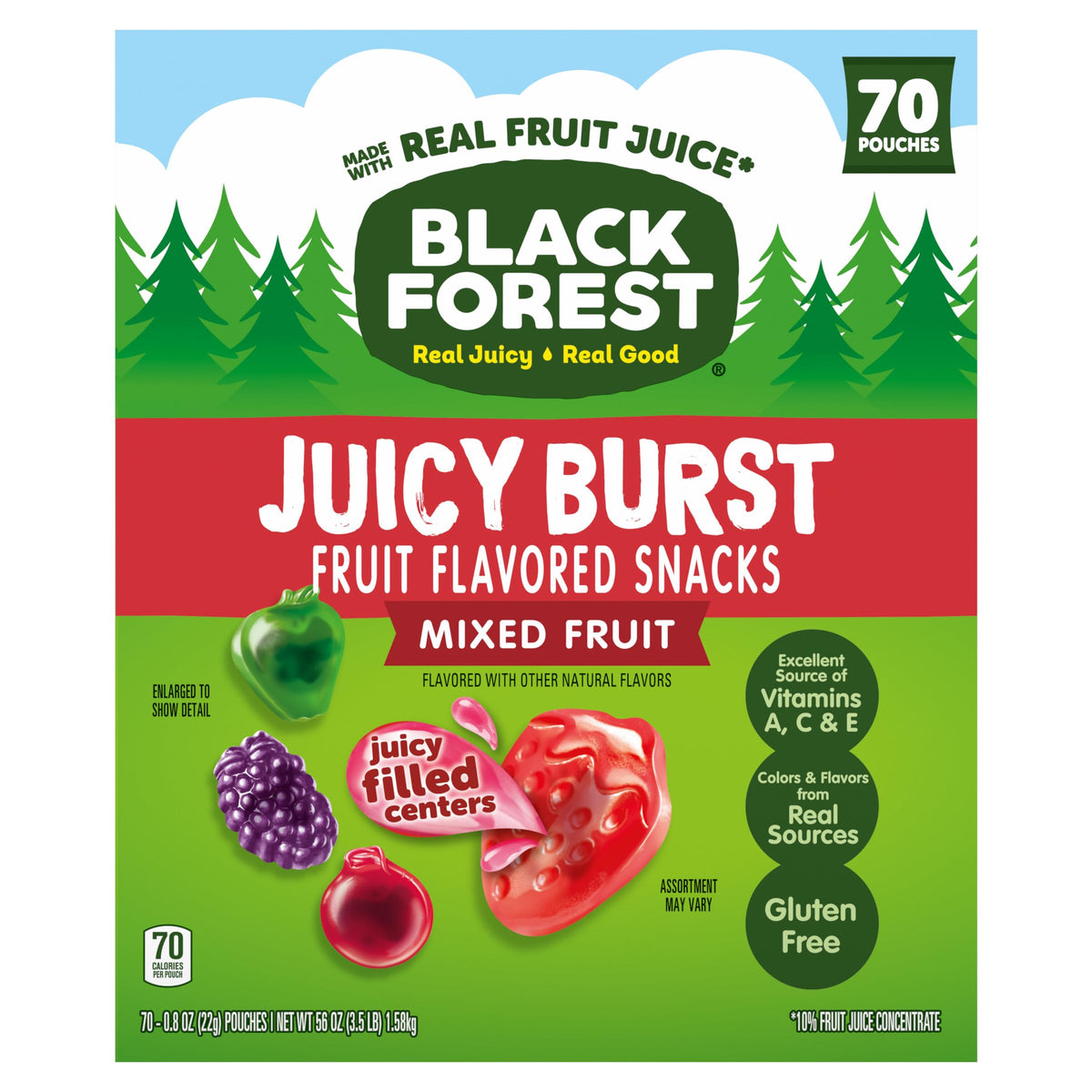 Black Forest Juicy Burst snacks box displays four fruit flavors for on-the-go snacking.