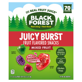 Black Forest Juicy Burst snacks box displays four fruit flavors for on-the-go snacking.