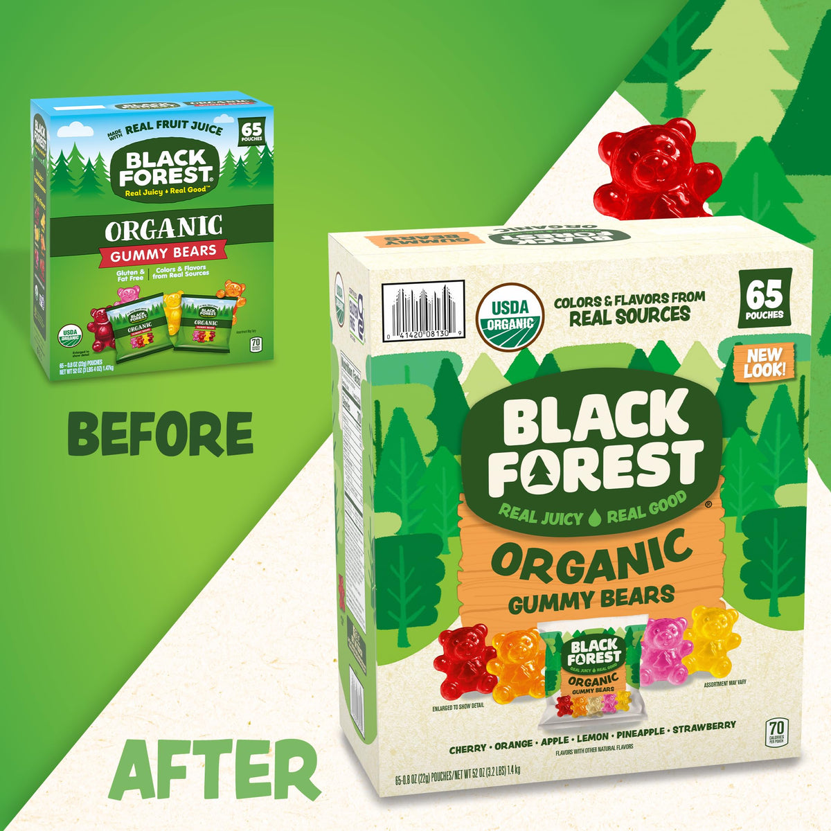 Black Forest Organic Gummy Bears 65 pouches displayed for easy storage