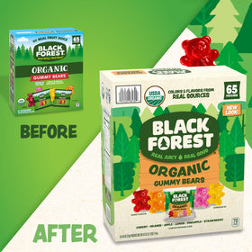 Black Forest Organic Gummy Bears 65 pouches displayed for easy storage