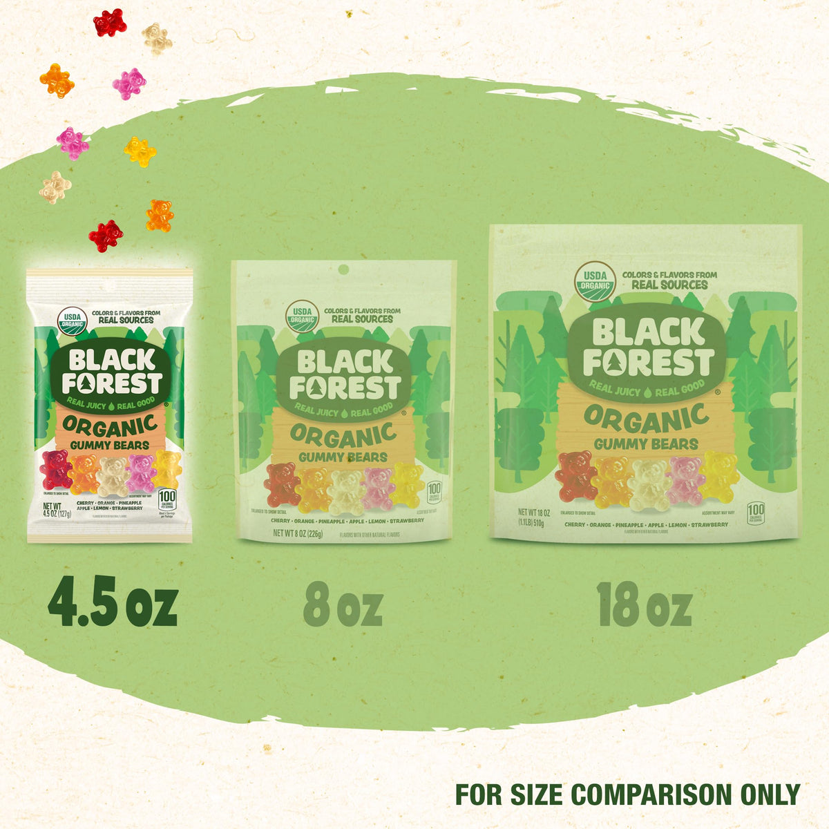 Black Forest Organic Gummy Bears come in a 12-pack for sharing.