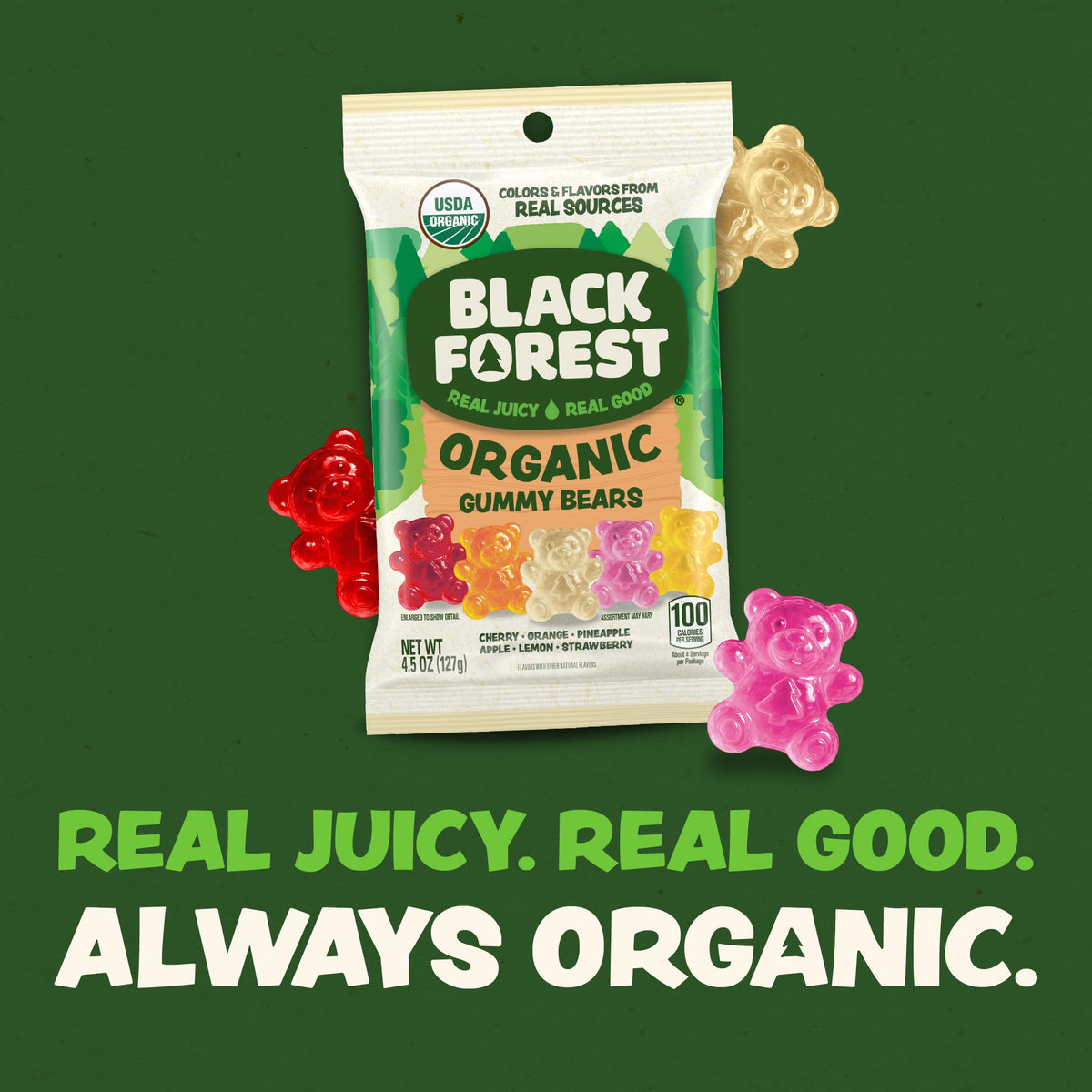 Black Forest Organic Gummy Bears deliver real fruit taste.