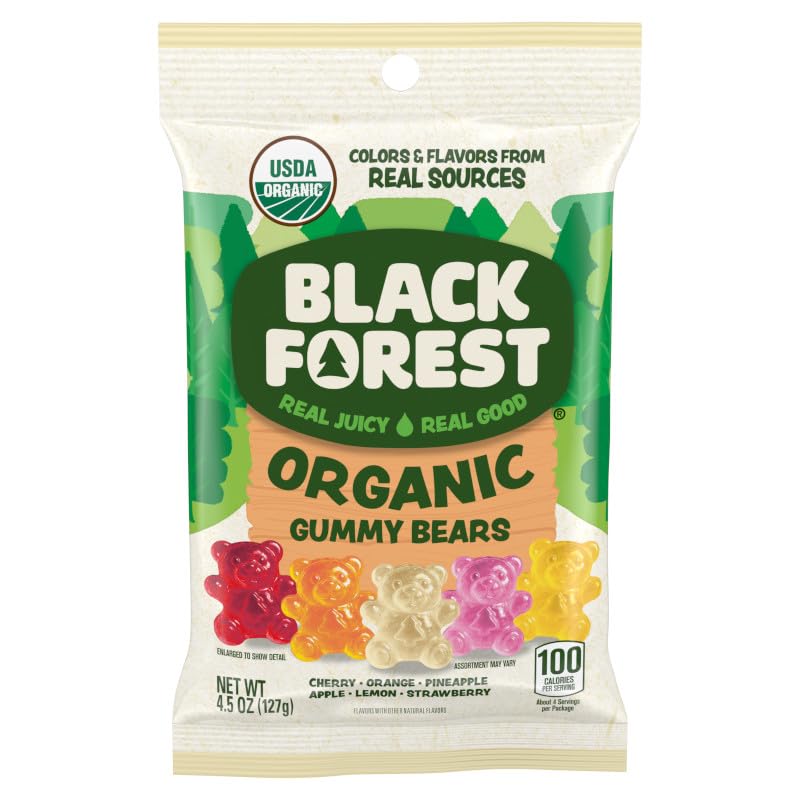 Black Forest Organic Gummy Bears bag for on-the-go snacking with real fruit juice.
