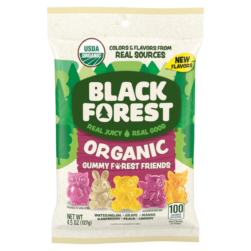 Black Forest Organic Forest Friends bears gummies on a plate, a fruity, kid-friendly snack.