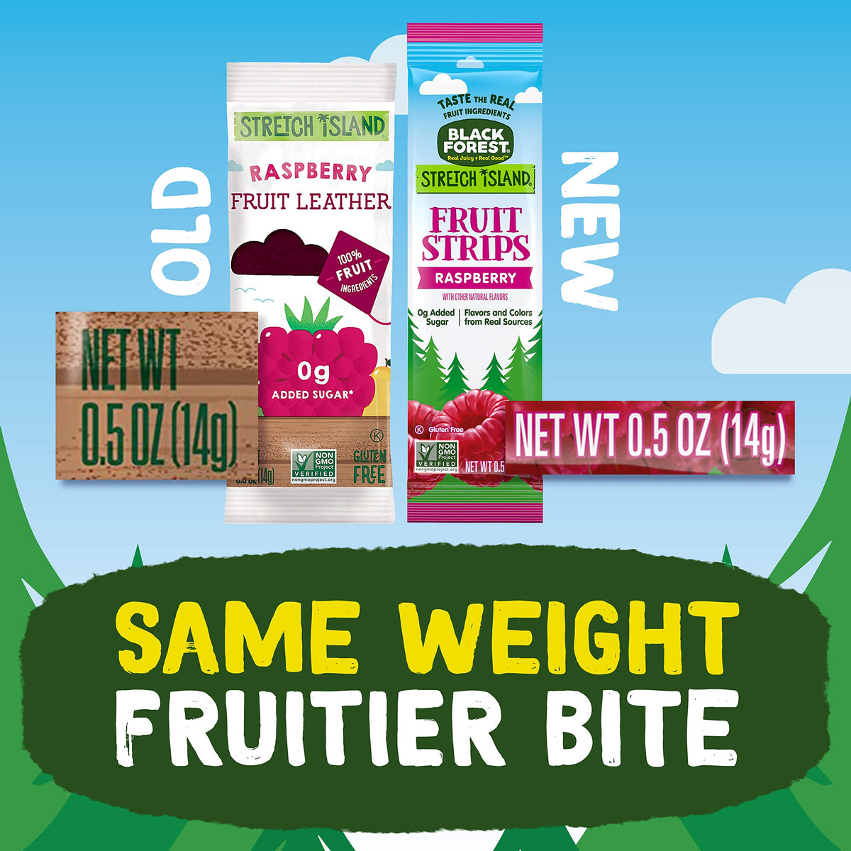 Black Forest Stretch Island Raspberry Strip packaging emphasizes non-GMO and kosher attributes.