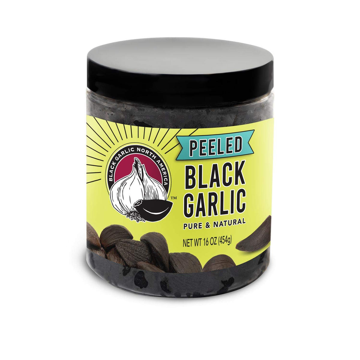 Black Garlic North America peeled cloves in a resealable jar for easy cooking.