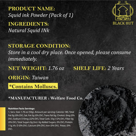 Halal certification badge shown with Black Hut squid ink product.