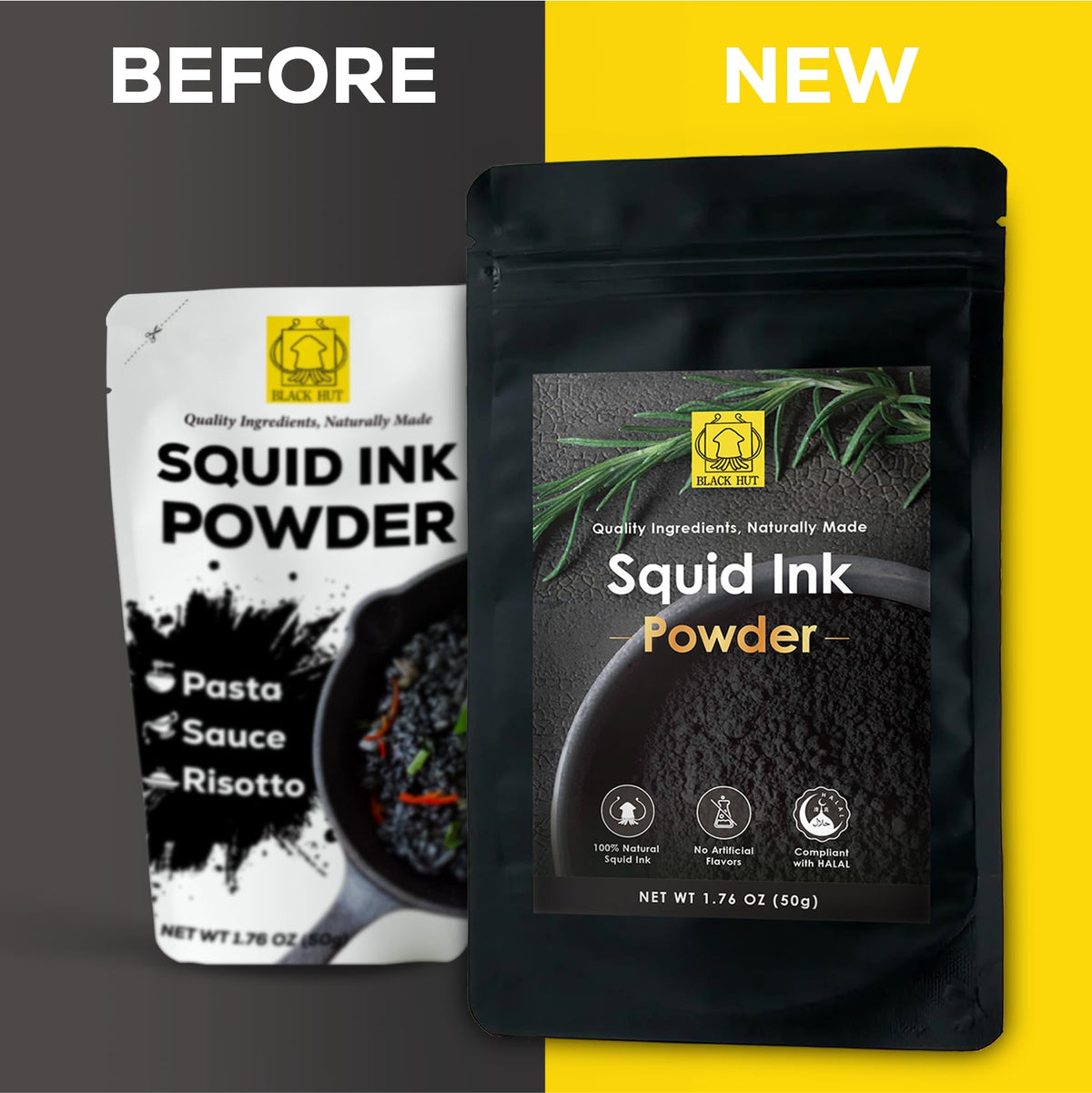 Black Hut squid ink powder close-up emphasizing natural pigment melanin.