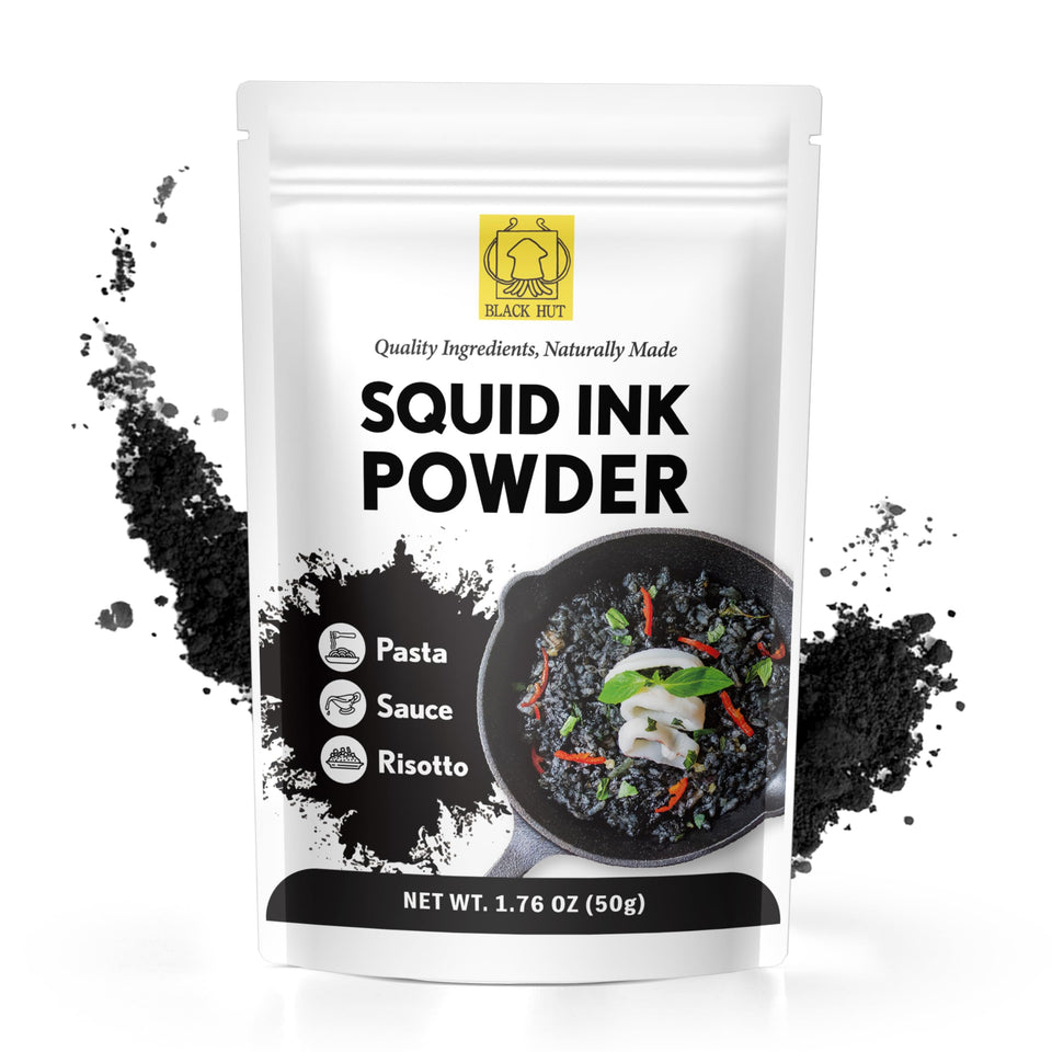 Black Hut squid ink powder packaging showcases premium natural colorant.