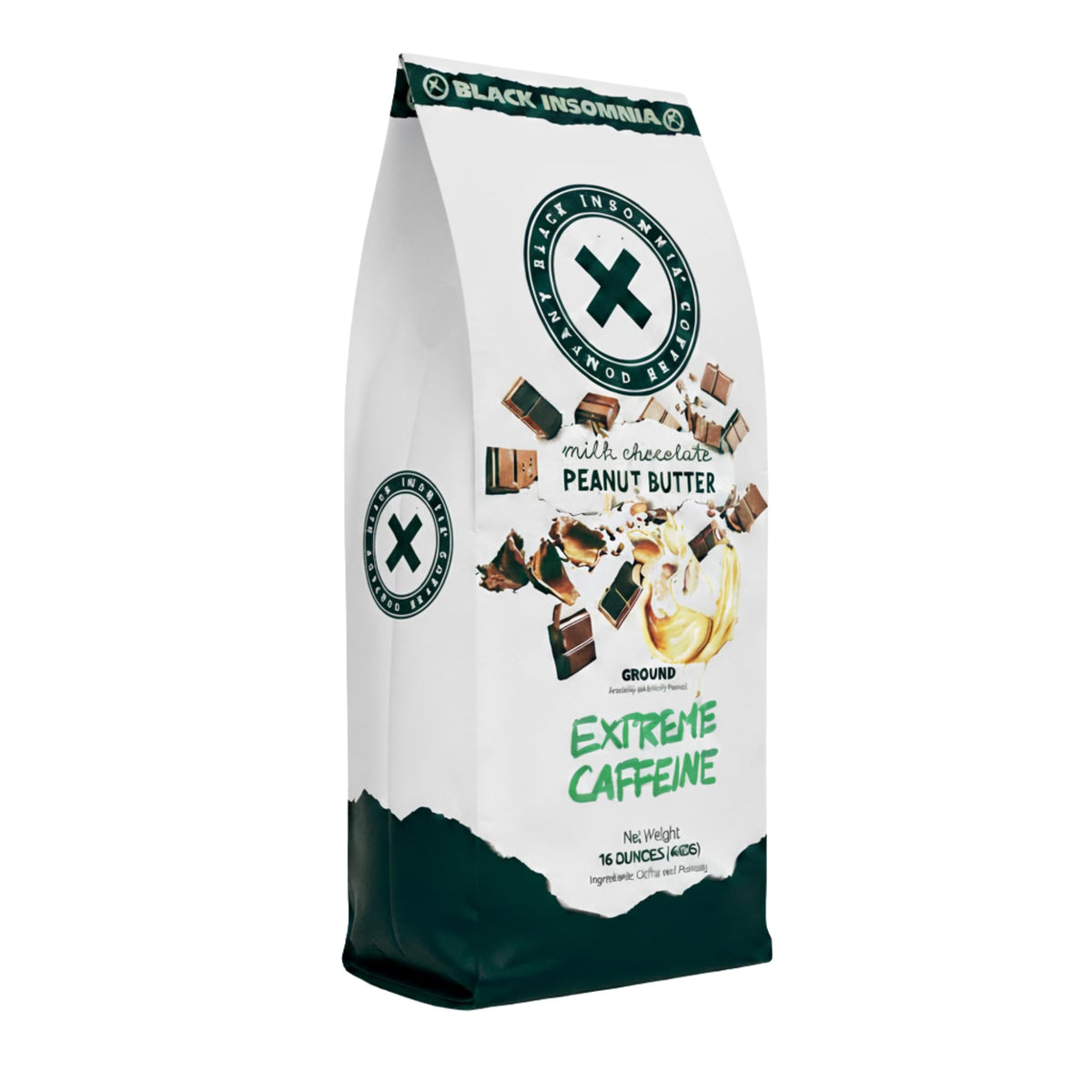 Black Insomnia Coffee bag front view, bold roast for a strong morning