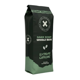 Black Insomnia Coffee dark roast bag showing bold flavor and convenience