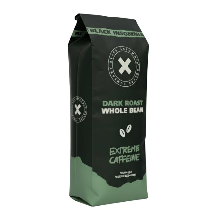 Black Insomnia Coffee dark roast bag showing bold flavor and convenience