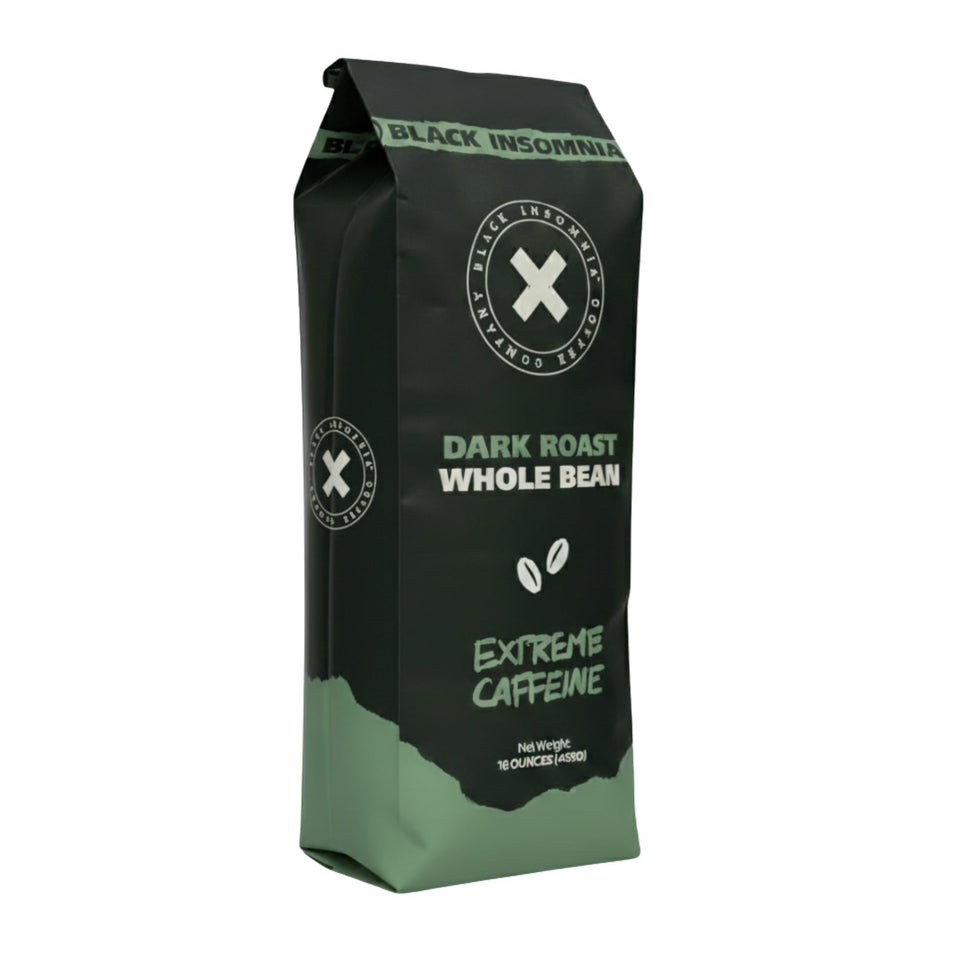Black Insomnia Coffee dark roast bag showing bold flavor and convenience
