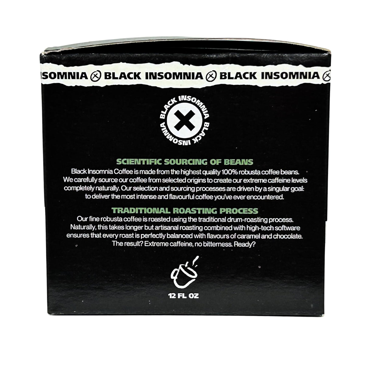 Close-up of Black Insomnia coffee beans used in a high-caffeine blend.