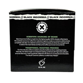 Close-up of Black Insomnia coffee beans used in a high-caffeine blend.