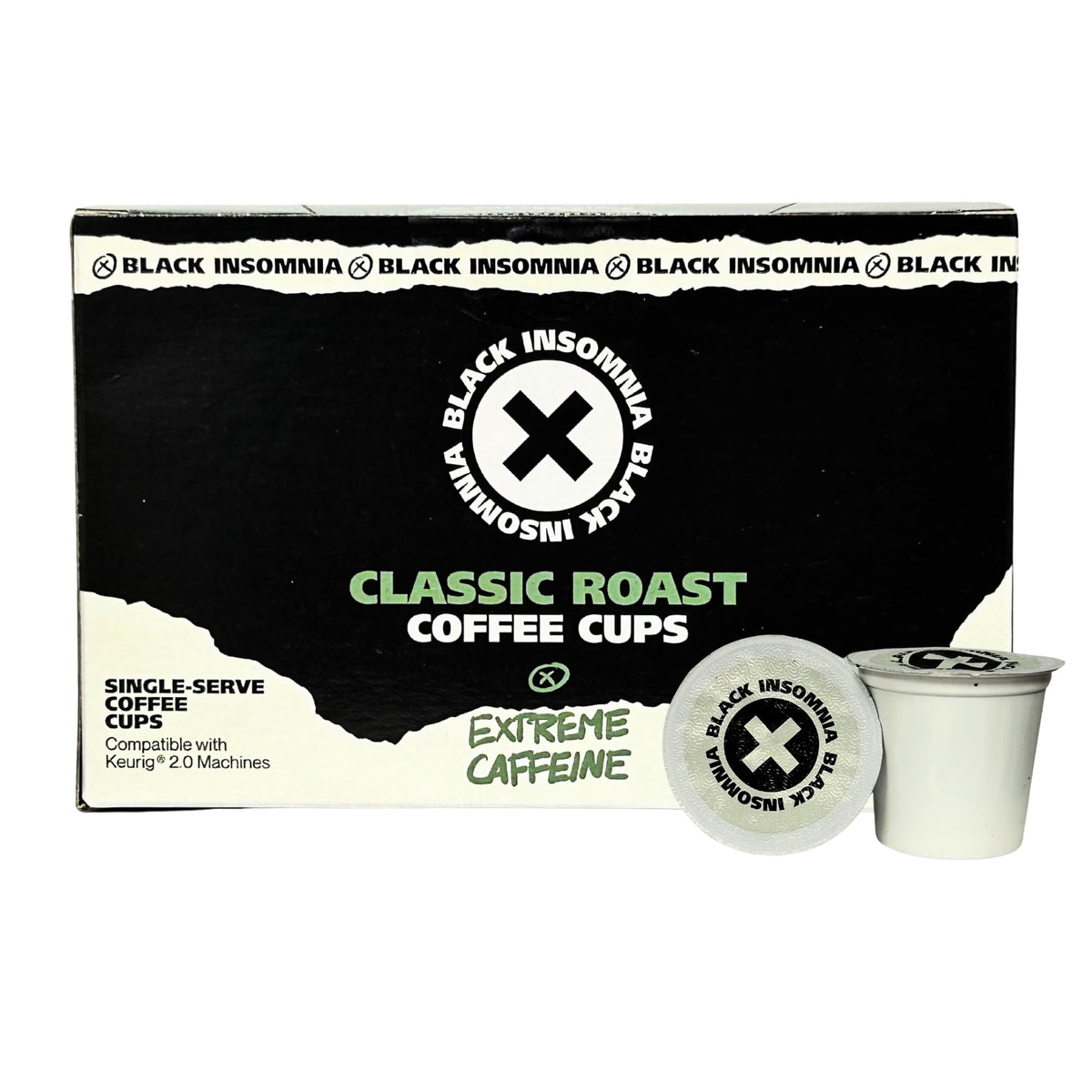 Black Insomnia Extreme Caffeine Cups packaging for bold mornings.