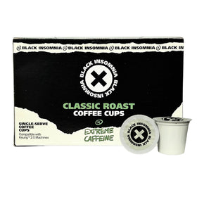 Black Insomnia Extreme Caffeine Cups packaging for bold mornings.