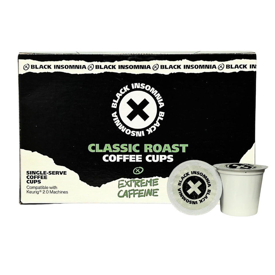 Black Insomnia Extreme Caffeine Cups packaging for bold mornings.