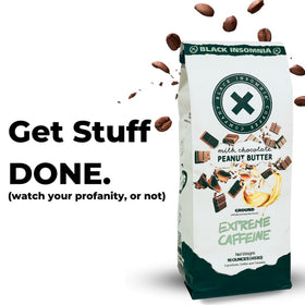 Black Insomnia Ground Coffee being poured into a cup for a sharp energy boost