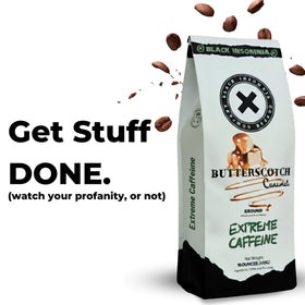 Black Insomnia Extreme Caffeine coffee bag back with brewing tips for max flavor