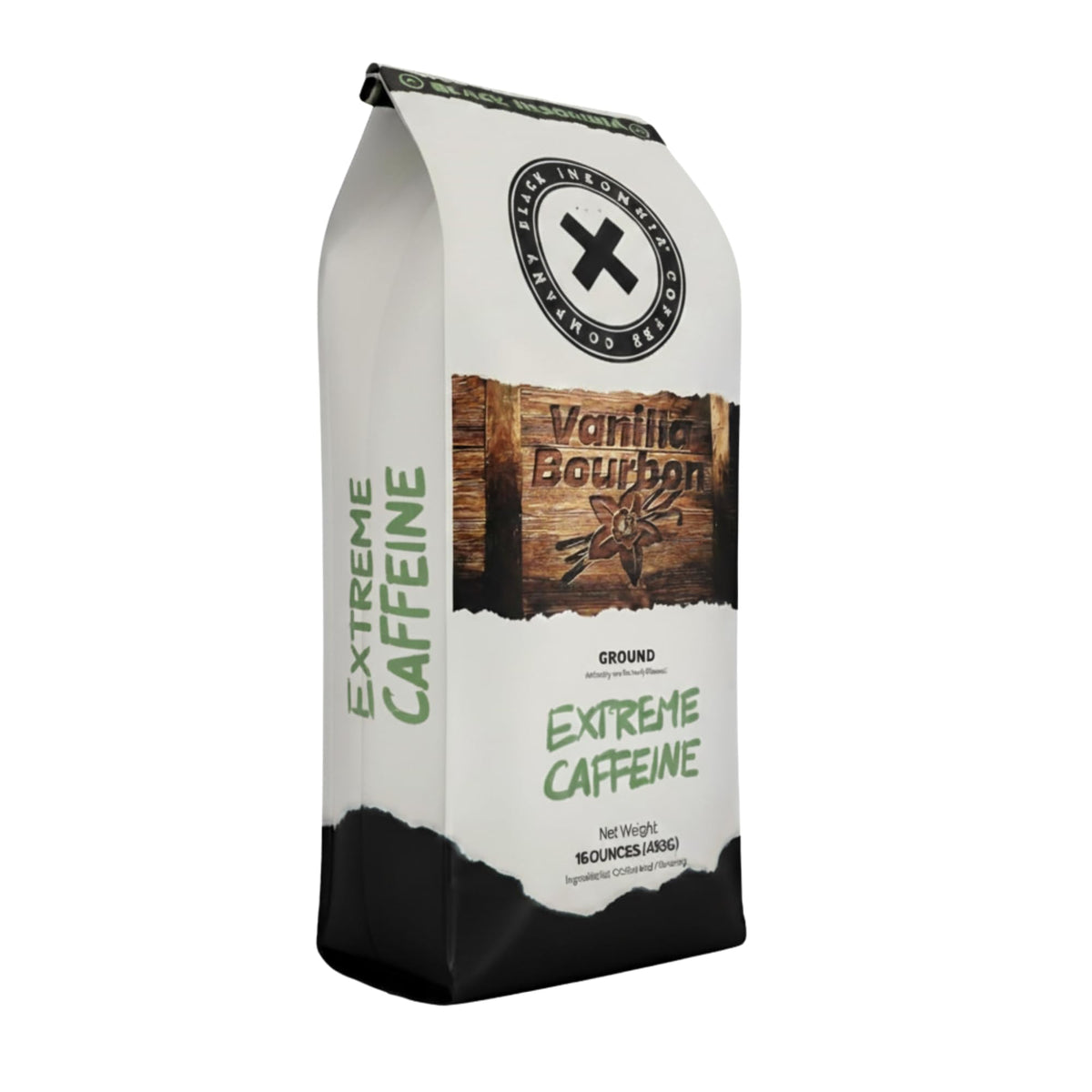 Black Insomnia Vanilla Bourbon coffee bag with bold flavor and high caffeine potential.