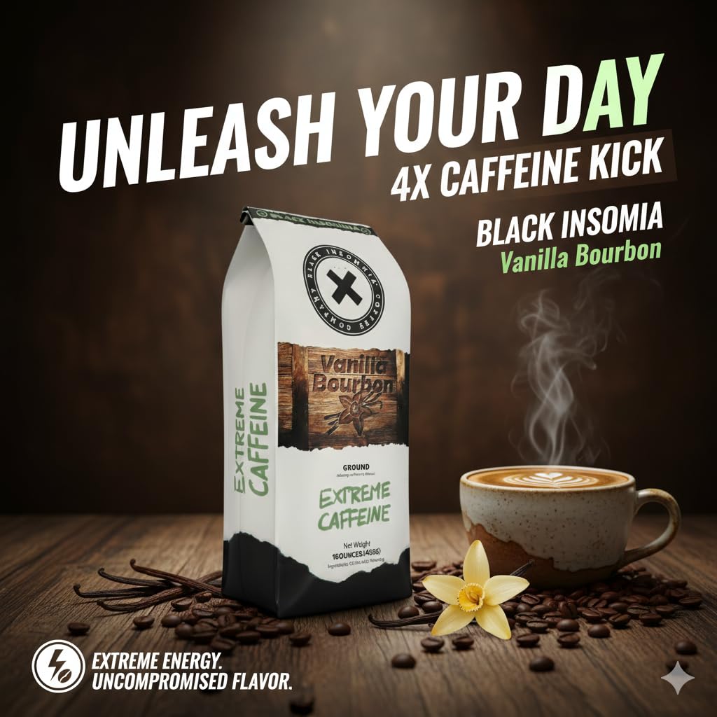 Black Insomnia Vanilla Bourbon coffee cup steaming shows bold flavor and energy boost.