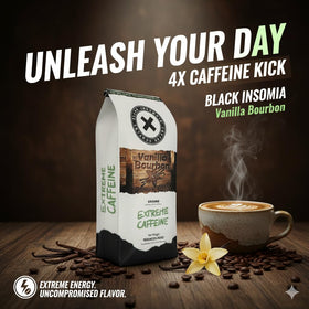 Black Insomnia Vanilla Bourbon coffee cup steaming shows bold flavor and energy boost.