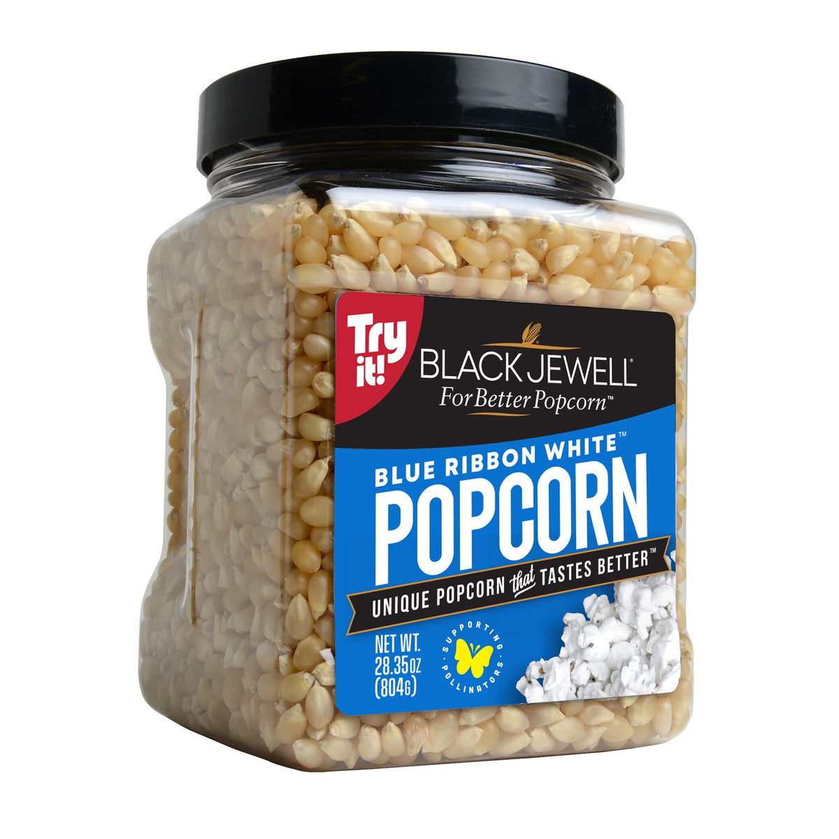 Black Jewell Blue Ribbon White kernels ready to pop for tender, fluffy popcorn