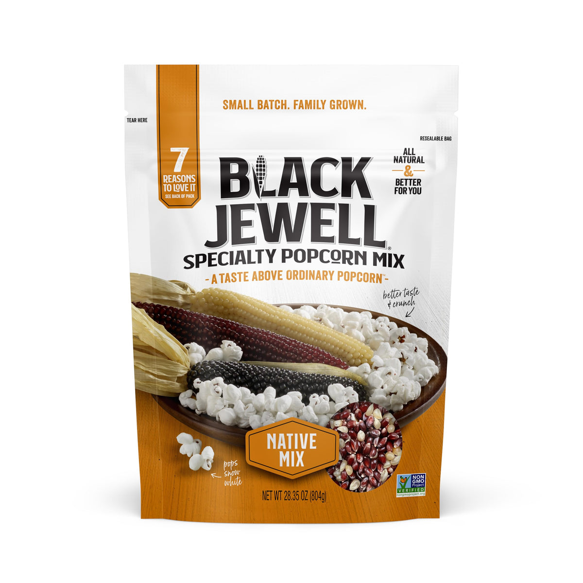Black Jewell Native Mix popcorn kernels in packaging, ideal for easy home snacking.
