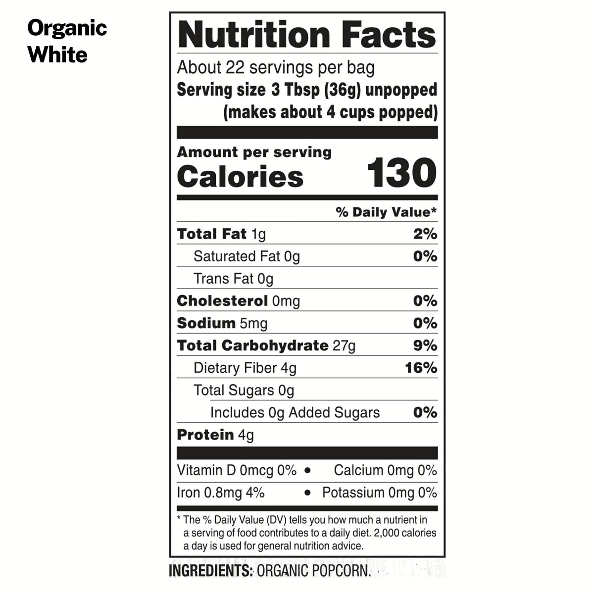 Black Jewell Organic Select White popcorn bag closeup emphasizes gluten-free, non-GMO goodness.