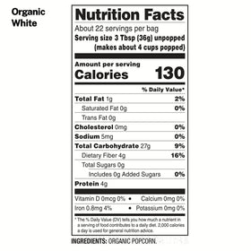 Black Jewell Organic Select White popcorn bag closeup emphasizes gluten-free, non-GMO goodness.